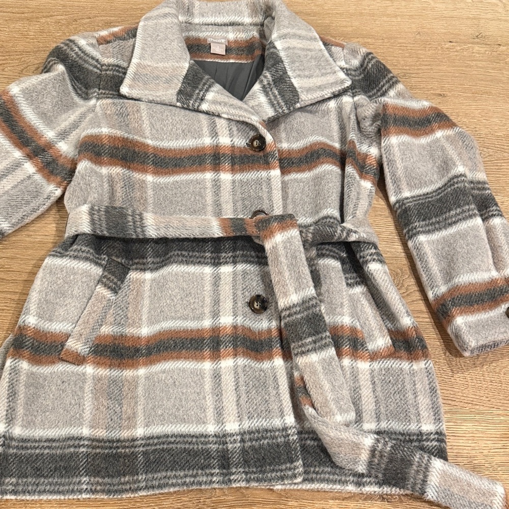 Chico's Gray and Brown Plaid Trench Coat
